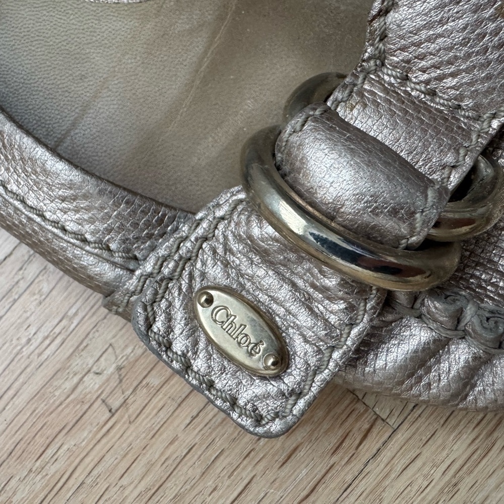 Chloe Metallic Pewter Leather Ballet Flats with Buckle - Picture 3 of 6